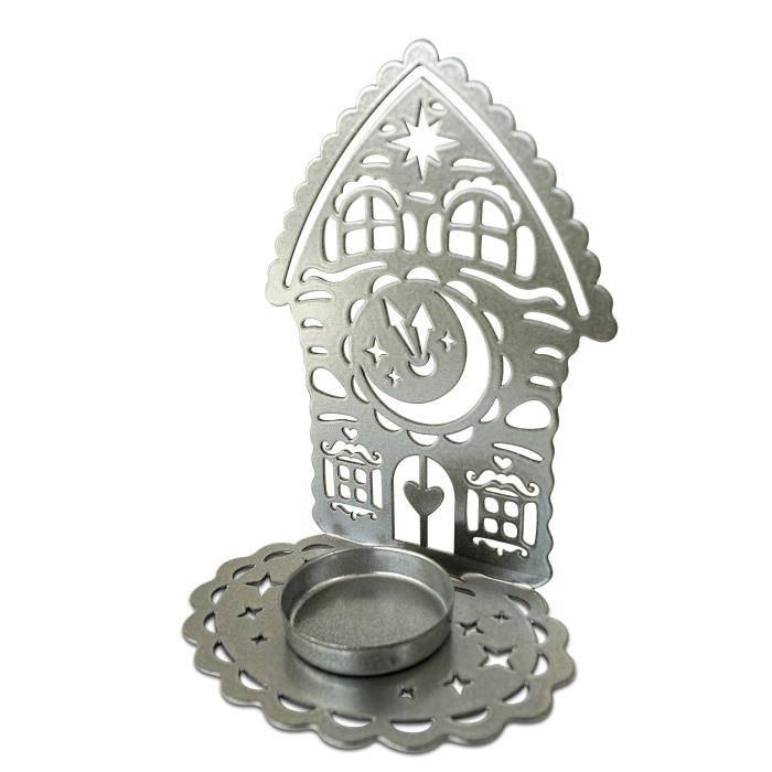 подсвечник "домик с часами"  цвет серебро