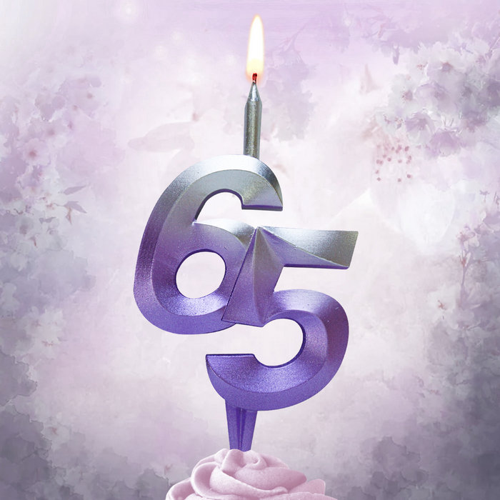 свеча тортовая витая юбилейная 65 "серебро-сирень"