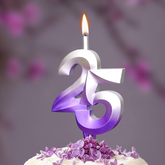 свеча тортовая витая юбилейная 25 "серебро-сирень"