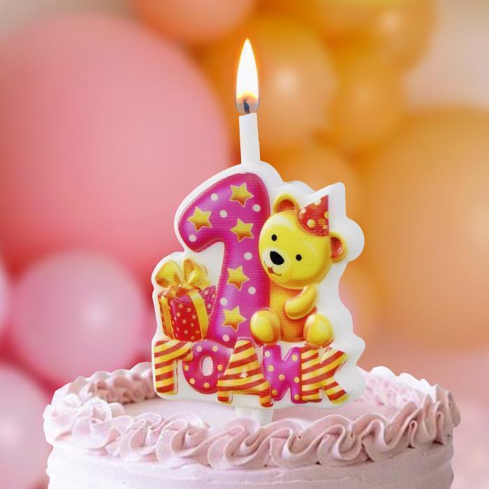 свеча тортовая "годик" (с мишкой) розовая