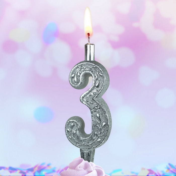 свеча тортовая 3 "серебряная узорная"
