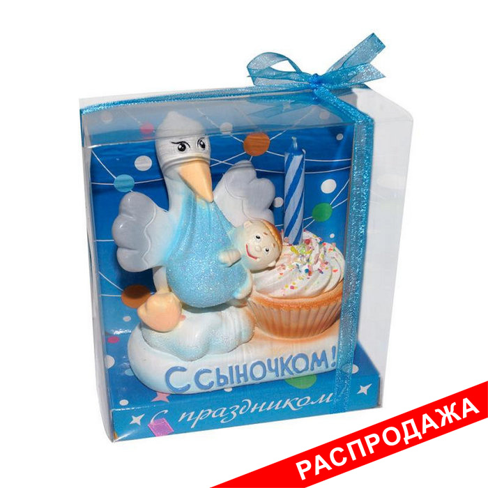 подсвечник  со свечой "аист с ребенком"